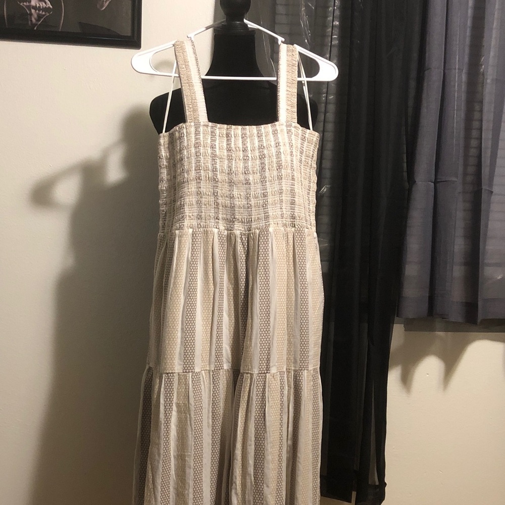 Seafolly Cream and Beige Smocked Tiered Maxi Dress